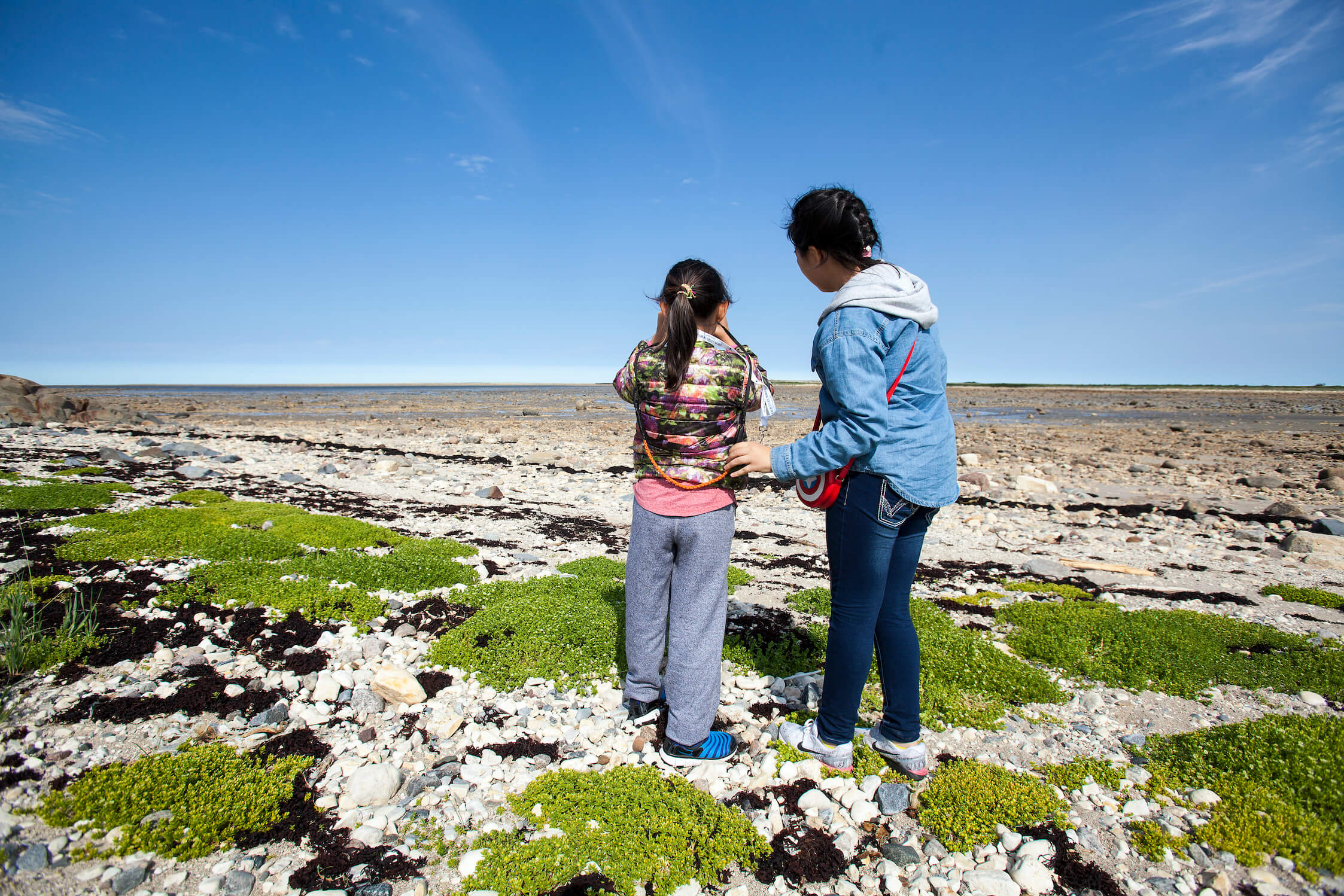 Two people exploring the rocky Hudson Bay shoreline in Churchill, Canada