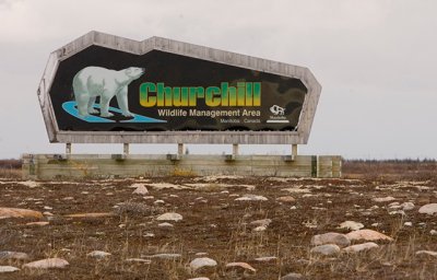 A large sign on the tundra reads Churchill Wildlife Management Area