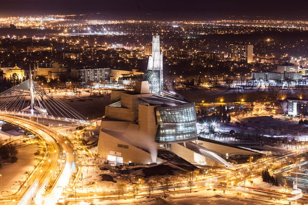 A night time overhead image of the Canadian Museum for Human Rights