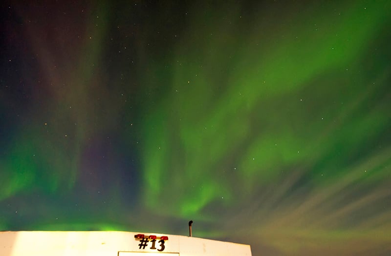 Northern lights over a Tundra Buggy in Manitoba, Canada.