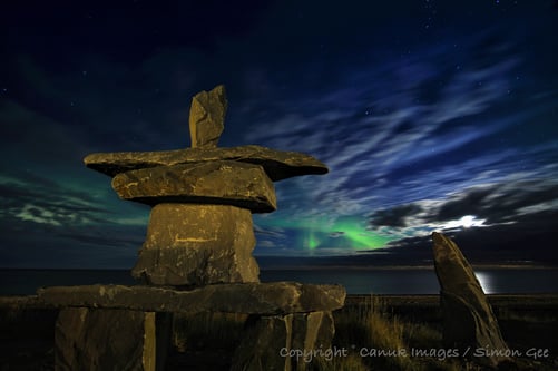 Churchill's Inukshuk and the Northern Lights. 