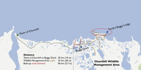 A map showing the distance between Churchill and the Tundra Buggy Lodge