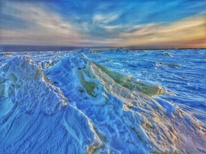 Ice hummocks on the frozen Churchill River in Manitoba, Canada.