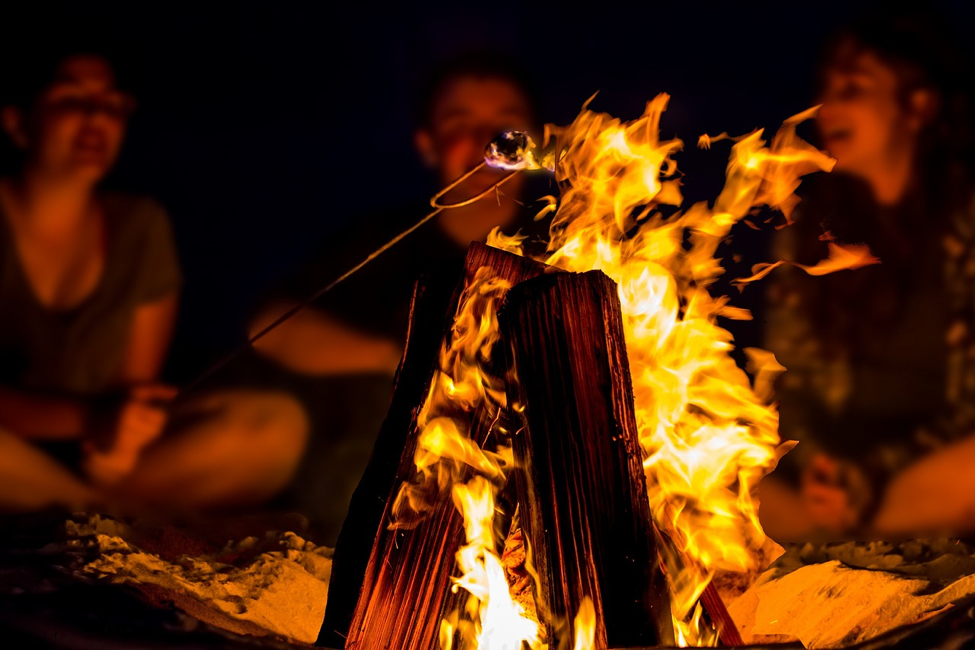 Friends roast marshmallows over an blazing bonfire. 